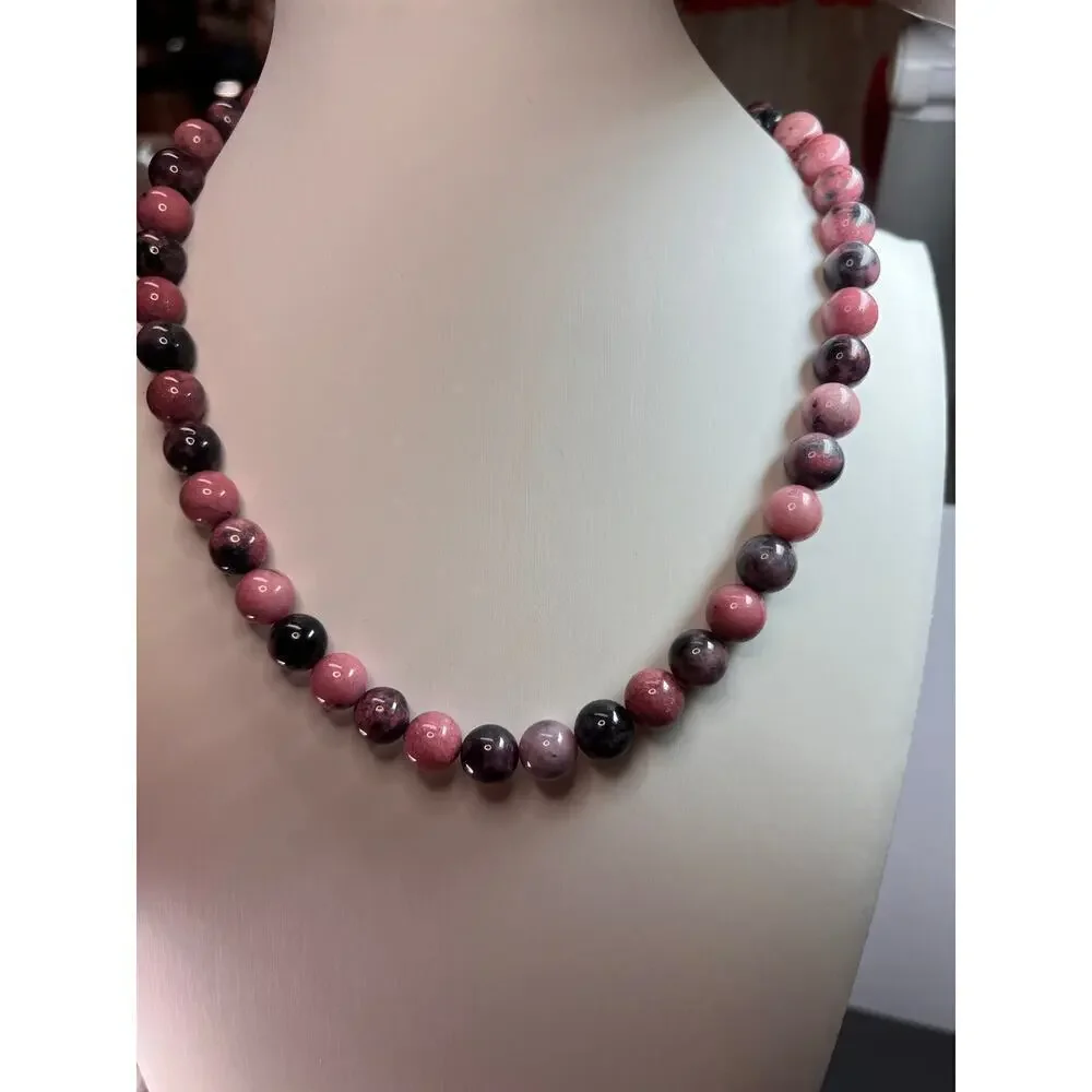 NEW Dead stock Rhodonite beaded necklace with sterling silver clasp